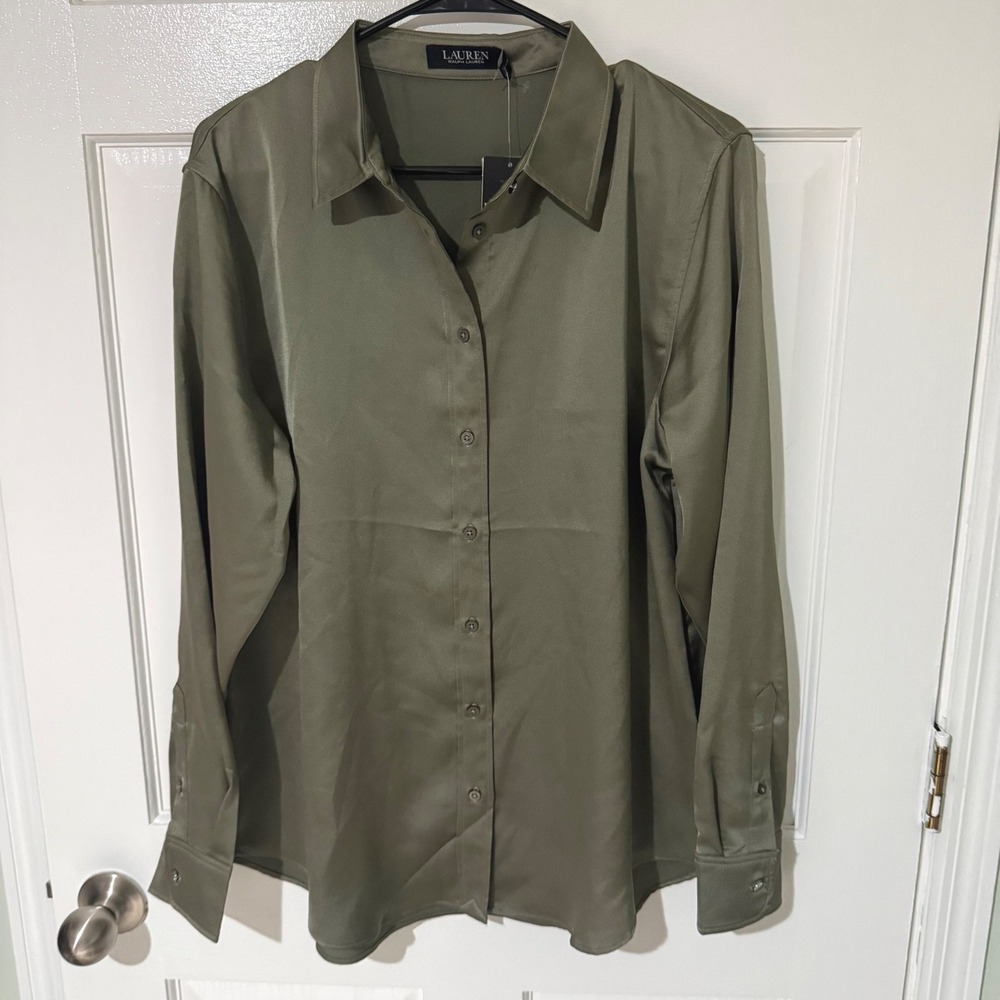 Lauren Ralph Lauren Women Olive Green Satin Long Sleeve Button Down Blouse XL